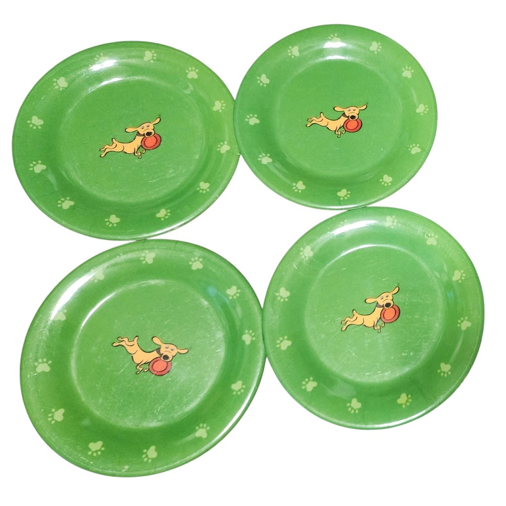 VTG Gibson Elite Kids Dog Paw Print Melamine Plates Set of 4 Green